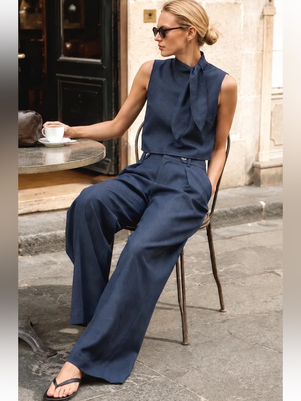 Commense Tie-Neck Sleeveless Blouse & Pants Set